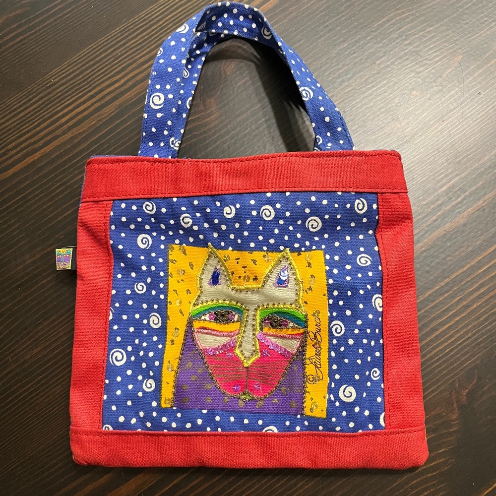 Laurel Burch Beaded Cat Print Canvas Handbag